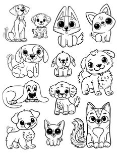 a set of cartoon dogs and puppies with big eyes coloring pages for kids to print