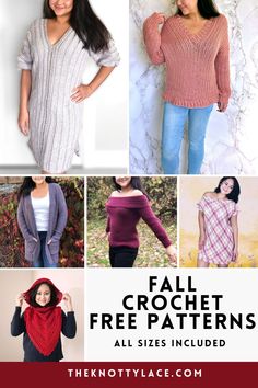 four different knitted sweaters with text overlay that says fall crochet free patterns