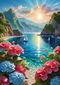 a painting of flowers and boats on the water with mountains in the backgroud