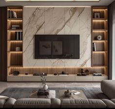 modern living room with marble wall and built - in entertainment center