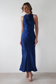 Stefanie Soft Satin Maxi Dress | Navy Wedding Guest Halter Dress, Blue Winter Wedding Guest Dress, Uk Graduation Outfits, Halter Neck Dress Outfit, Midnight Blue Bridesmaid Dresses, Halter Neck Bridesmaid Dresses, Blue High Neck Dress, Moh Dress, Navy Satin Dress