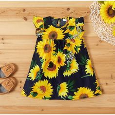 Girls Sunflower Dress Blue With Ruffle Sleeves Sunflower Dress, Marine Uniform, Loose Fitting Dresses, Long Sleeve Print Dress, Girls Dresses Summer, Sunflower Print, Flutter Sleeve Dress, Casual Girl