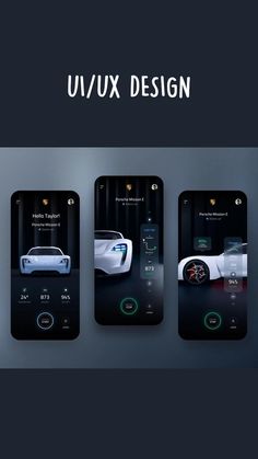 three smartphones displaying different types of cars and their dashboards are shown in this image