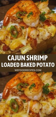 Delicious Cajun Shrimp Loaded Baked Potato - A flavorful combination of Cajun-spiced shrimp, fluffy baked potato, cheese, bacon, and green onions. Shrimp Baked Potato Recipe, Baked Potato Recipe, Baked Potato Toppings, Chicken Potato Bake, Potato Dinner, Bacon Potato, Loaded Baked Potato, Shrimp Dinner, Baked Potato Recipes