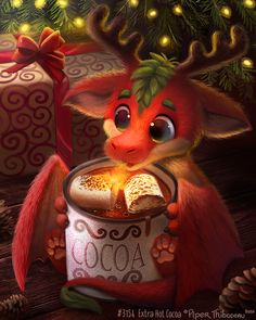 a painting of a red deer holding a cup of cocoa