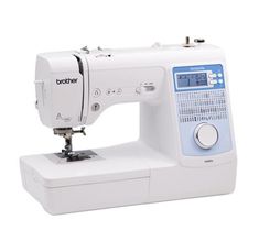 the brother sewing machine is white and has blue trim on it's front end