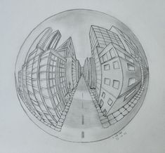 a pencil drawing of buildings in a mirror