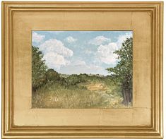 an oil painting of a field with trees and clouds in the sky above it is a golden frame