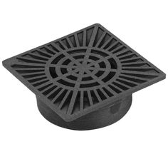 a black square drain cover with an intricate design on the center and sides, for drainage purposes