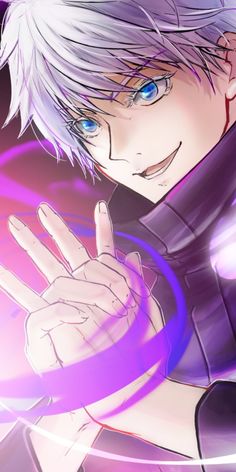 an anime character with white hair and blue eyes pointing to the side while holding his finger up