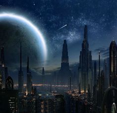 an alien city at night with the moon in the sky and stars on the horizon