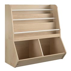 a wooden shelf with three compartments on the bottom and one section open to show what's inside