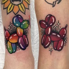 two colorful tattoos on the legs of people with sunflowers and balloons in them