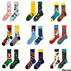 Russoo - Premium Combed Cotton Crew Socks with Playful Food Patterns: Mens Novelty Skateboard Casualwear Cartoon Street, Couple Socks, Art Socks, Food Patterns, Happy Socks, Tube Socks, Fashion Couple, Fashion Socks, Casual Socks