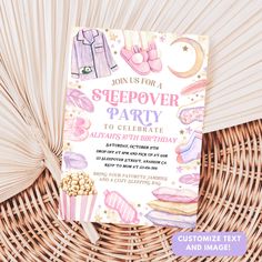 a pink and purple sleepover birthday party card