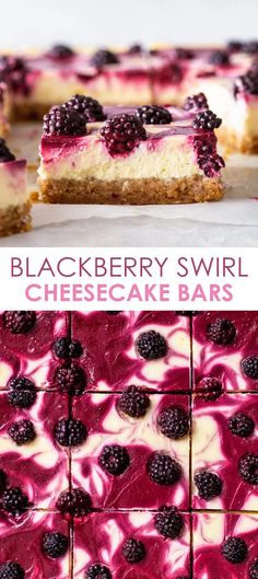 black berry swirl cheesecake bars with raspberry toppings on top and bottom