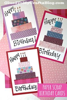 three birthday cards with the words happy birthday on them