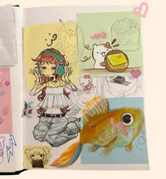 an open book with drawings and pictures on the pages, including a fish in headphones