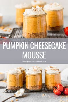 pumpkin cheesecake mousse in small jars with whipped cream and cinnamon on top