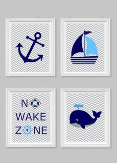 four blue and white wall art prints with an anchor, whale, sailboat, no wake time