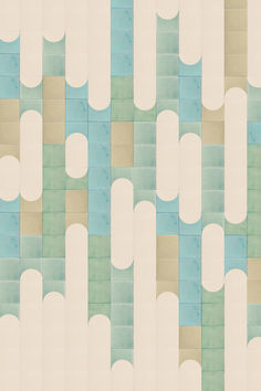 Tile design using blue,green and taupe tiles in vertical pattern. Shower Tiles, Floor Pattern, Tile Layout, Printed Tile, Justina Blakeney, Tile Designs, Blue Kitchen, Empty Spaces