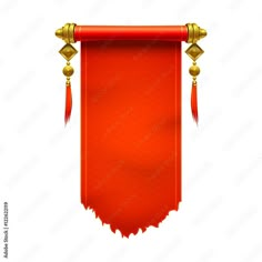 a red banner with gold trim and tassels hanging from it's sides