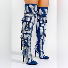 Thigh High Cargo Detail Denim Boots. Fit Is True To Size. Stiletto Heal Smooth Inside Lining. Denim Knee High Boots, Bedazzled Shoes Diy, Denim Upcycle, Metallic Denim, Body Ideas, Pop Outfits, Silver Boots, Boots Zipper