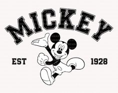 mickey mouse with the word mickey est 1932 on it's back in black and white