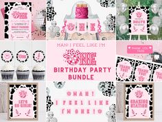 a pink and black birthday party with cupcakes, cake, napkins and decorations