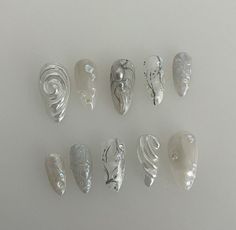 Pearly White Nails With Design, Iridescent White Nails, Wet Nails Look, Wet Spider Web, White Iridescent Nails, Wet Nails, Iridescent Nails, Press On Nails White, Web Nails