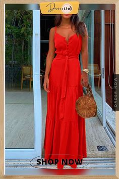 Temperament V-neck Medium Long Suspender Solid Color Dress Red V-neck Maxi Dress, Solid Color V-neck Maxi Dress For Vacation, V-neck Maxi Dress For Vacation, Red V-neck Maxi Dress Solid Color, Full Dress, Solid Color Dress, Color Dress, Dresses By Length, Patchwork Dress