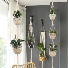 macrame plant hangers with plants in them hanging on the wall next to a window