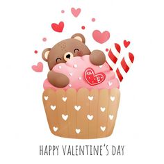 a valentine's day card with a teddy bear in a cupcake