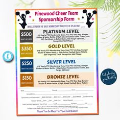 a flyer for the pinewood cheer team sponsored by sponsor form, which is $ 350