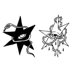 two black and white drawings of stars with eyes