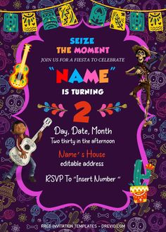 an image of a birthday party with skeletons and guitars on the purple background, which reads size the moment name is turning 2