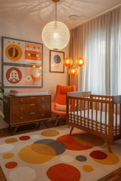 a baby's room with a crib, dresser and hanging lights