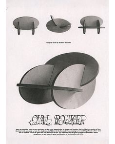 an advertisement for the oval table and chair designed by alu roker, in black and white