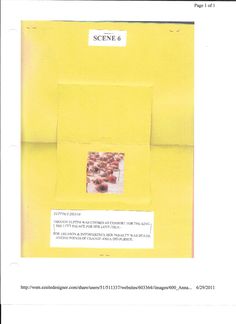 a yellow piece of paper with an image of food on it and the words scene 6