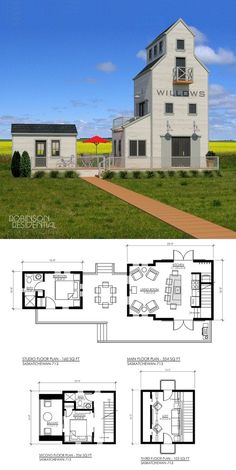 two story house plan with garage and living room in the front, second floor bedroom on the back