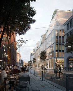 an artist's rendering of people sitting at tables in front of a glass building