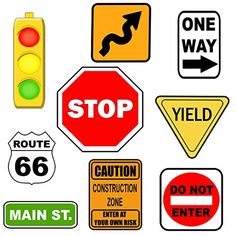 various road signs and traffic lights on a white background