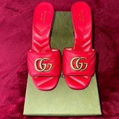 Women’s Gg Marmont Red Sandal Eu 35= Us 5 Brand New With Original Box. Gucci Slide, Gucci Shoes Women, Gucci Sandals, Red Sandals, Gg Marmont, Slide In, Gucci Shoes, Shoes Women, Lady In Red