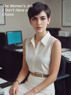 a woman sitting at a desk in front of a laptop computer with the caption, the women's job i don't have a choice