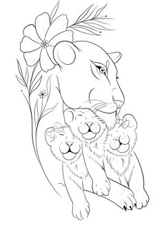 a lion and her cubs coloring page with flowers on the back, in black and white