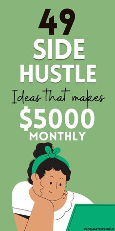 a woman reading a book with the words, 47 side hustle ideas that makes $ 500