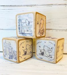 Welcome to our delightful collection of vintage Winnie the Pooh-themed wooden blocks, perfect for adding a touch of nostalgia to any baby shower celebration or nursery! They make a lovely addition to any shelf or display. With their vintage charm and timeless appeal, they add a touch of elegance to any room.  This listing includes three adorable 2-inch blocks, crafted from high-quality hardwood. Please note the size depicted in the pictures to ensure these blocks meet your expectations. Each blo July Wishes, Wooden Baby Blocks, Baby Blocks Baby Shower, Winnie The Pooh Nursery, Pooh Birthday, Baby Room Themes, Baby Shower Crafts, Bear Nursery, Nursery Room Inspiration