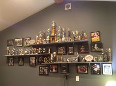 a wall filled with lots of different types of trophy trophies and figurines on top of shelves