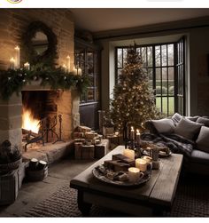 a living room filled with furniture and a fire place next to a christmas tree in front of a window