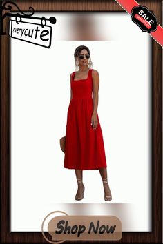 Red Square Neck Midi Calf Dress Casual Red A-line Maxi Dress, Red Solid Color Summer Dress, Red Square Neck Sundress, Red Solid Color Midi Dress For Date Night, Red Square Neck Dress For Beach, Red Square Neck Beach Dress, Red Solid Color Midi Dress For Summer, Chic Red Solid Color Midi Dress, Summer Solid Color Red Midi Dress